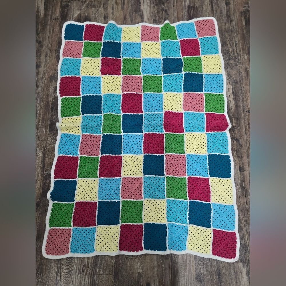 Handmade Multicolor Granny Square Crochet Afghan Throw Blanket 43" x 58"